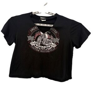 American‎ Rebel Motorcycle Graphic Crop Top L Black Cutout V-Neck Short Sleeve